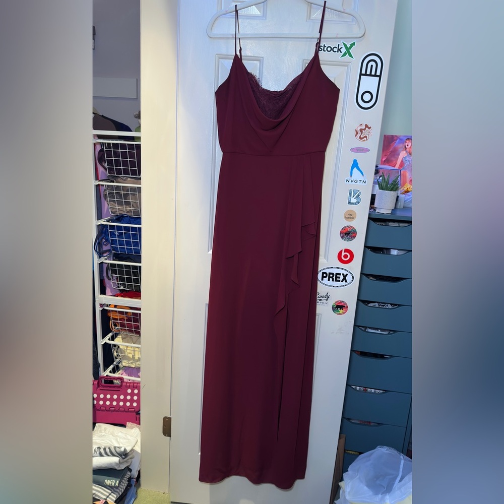 BCBGMaxAzria Cowl Neck Burgundy Dress with lace bust detail